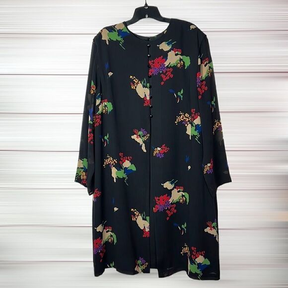 Evan Picone Vintage Silk Layered Black Shift Dress Midi, Sheer Sleeves size 20W - Picture 1 of 15
